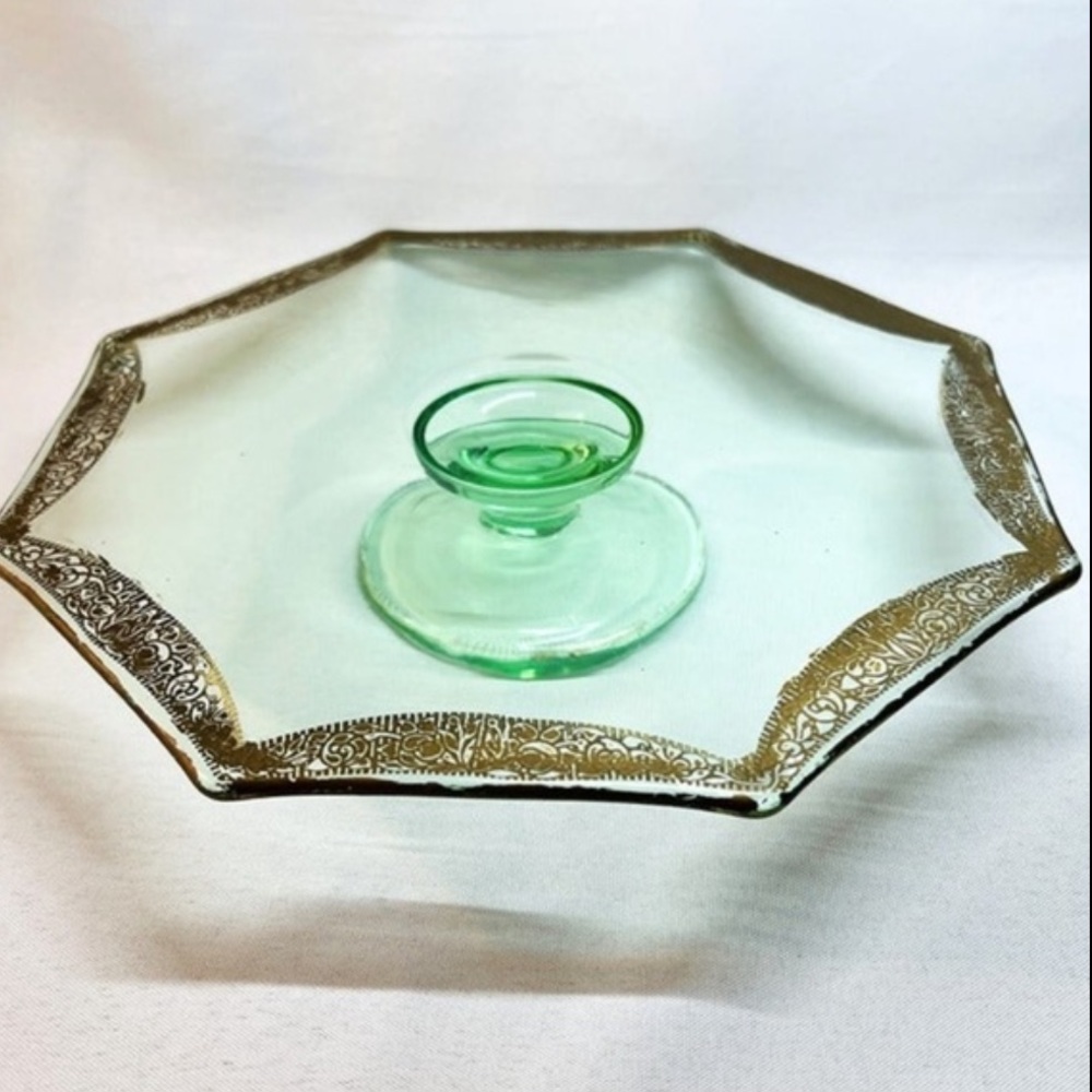 Vintage Tiffin Franciscan Green Octagon Cake Stand Gold Rambler Rose Pedestal